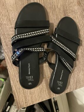Time and Tru Black Slide Sandals with Sparkling Straps